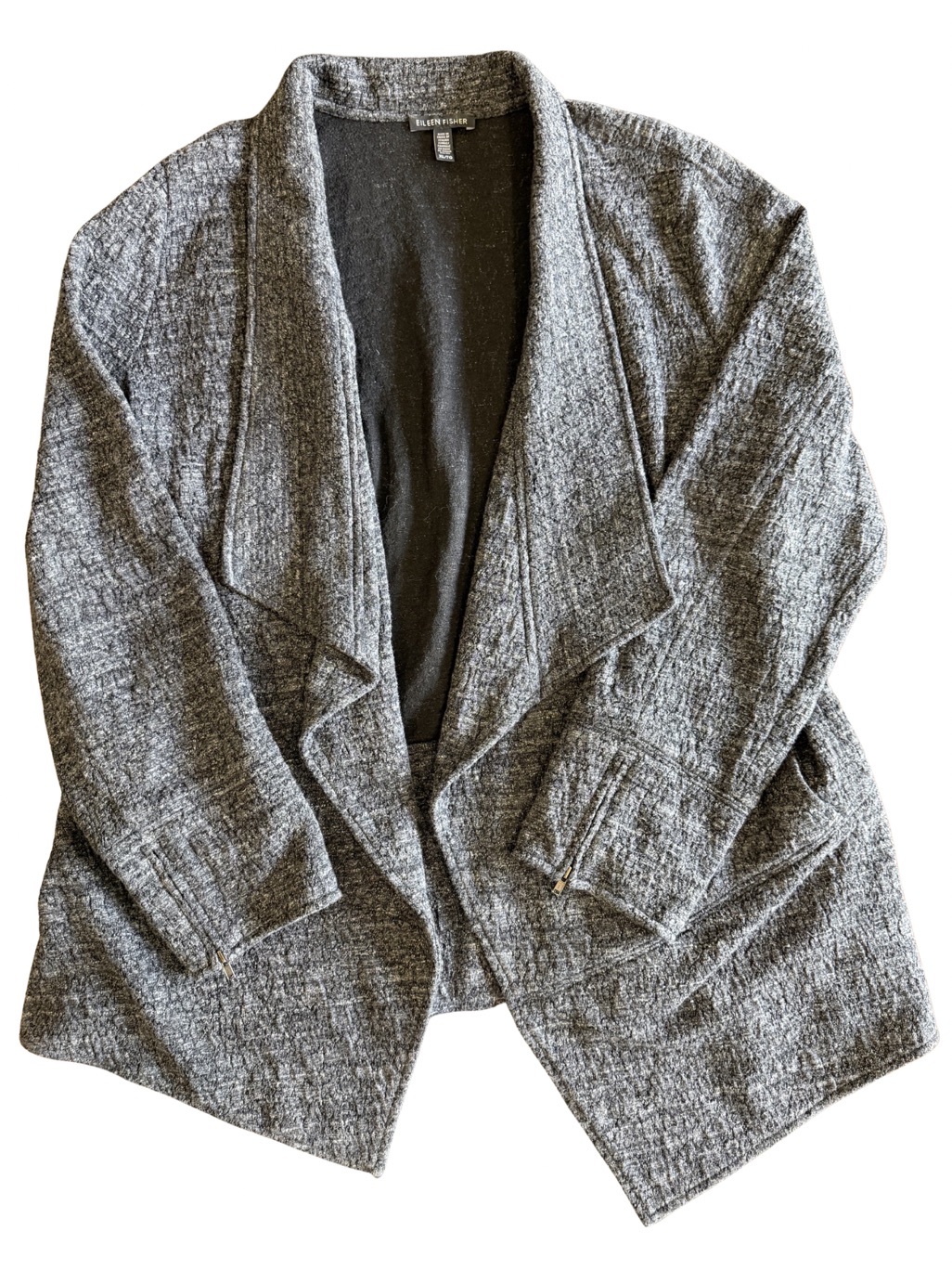 Eileen Fisher Xl Gray Open Front Jacket Cardigan Cotton Draped Sleeve Pockets